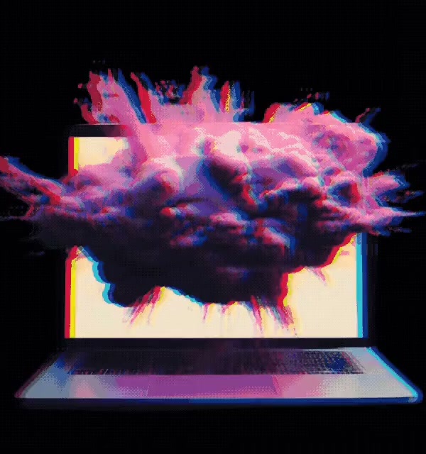 Animated Roll Up cover — purple smoke erupting from a laptop